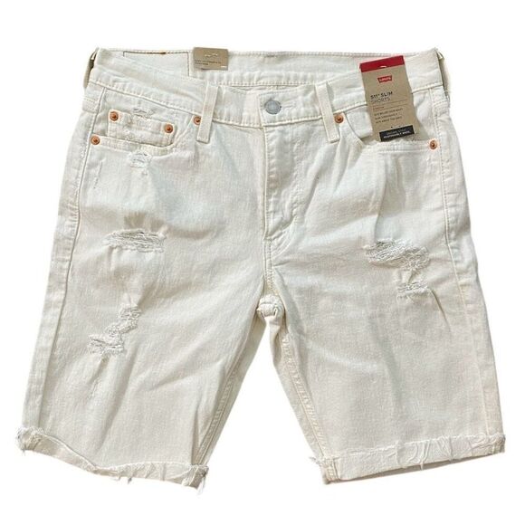 Levi’s White Denim 511 High Rise Distressed Cuff Hem Slim Shorts NWT Size 30 - Picture 1 of 6